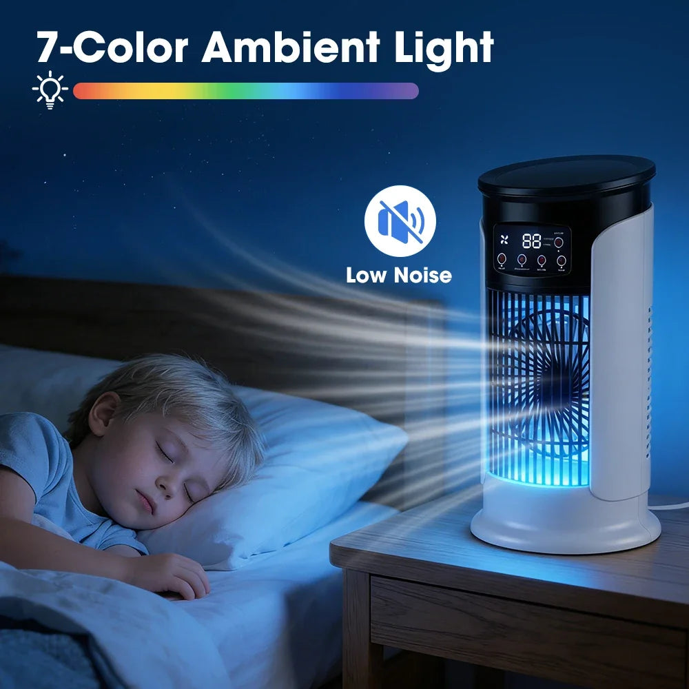 3-in-1 Portable Air Cooler Fan – 6 Speeds, Misting Humidifier, 7-Color LED Light & Timer, USB Powered