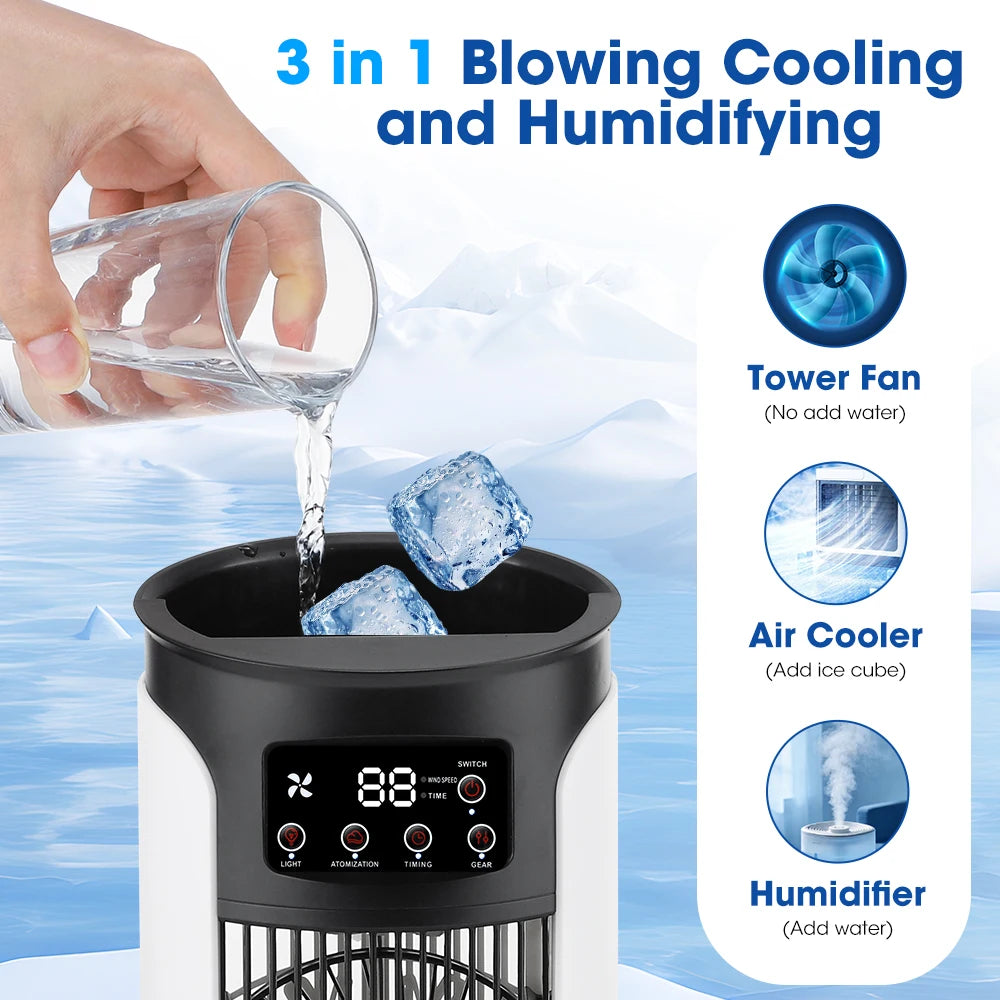 3-in-1 Portable Air Cooler Fan – 6 Speeds, Misting Humidifier, 7-Color LED Light & Timer, USB Powered