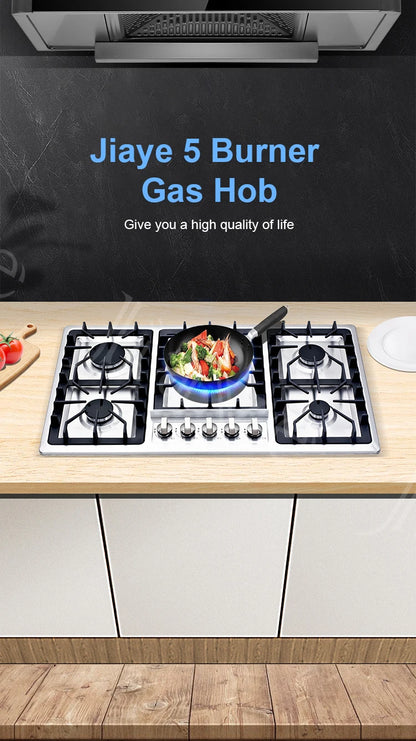 Built-In Gas Hob 5 Burners – Stainless Steel, Electronic Ignition, Flameout Safety for Kitchen & Hotel
